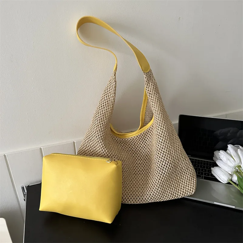 Casual Beach Summer Popular Woven Mother-in-law Bag 2024 Fashionable One-shoulder Seaside Travel Beach Straw Bag Drop Shipping