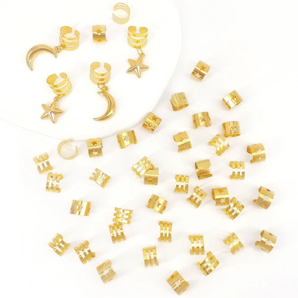 

44pcs Stars Moon Hollow Out Hair Ring Hair Braiding Metal Cuff Clips Dreadlocks Beads Headwear Multi Style Hair Braid Tubes