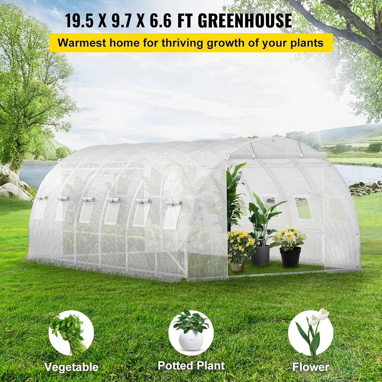 20 x 10 x 7 ft Walk-in Tunnel Greenhouse Portable Plant Hot House w/ Galvanized Steel Hoops 3 Top Beams Diagonal Poles