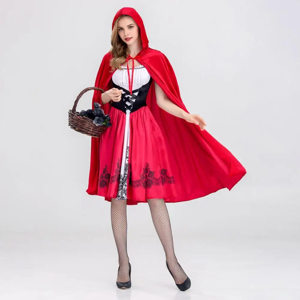 Halloween Cosplay Outfit Women's Little Witch Maid Cosplay Costume Set with Red Hat Cloak Dress for Halloween Party Stage Show