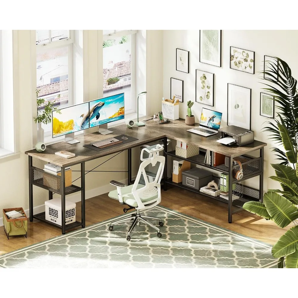 L Shaped Desk with Power Outlet and USB Charging Ports, Reversible L Shaped Computer Desk with Storage Shelves, Home Off