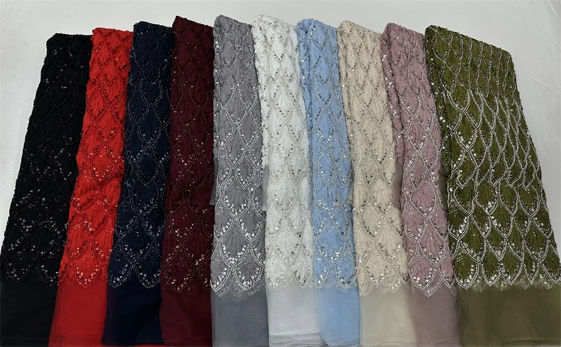 คุณภาพสูงแอฟริกันลูกปัดผ้าลูกไม้ 5 หลาภาษาฝรั่งเศสคําไนจีเรียเจ้าบ่าวลูกไม้เลื่อมสําหรับงานแต่งงานชุดเย็บ