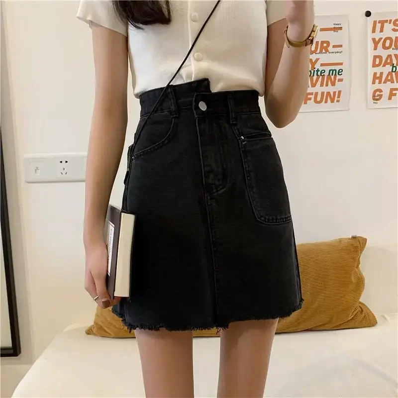 With Pocket Sexy Cute Chubby High Waist Short Coquette Mini Kawaii Woman Denim Skirt Jeans Skirts for Women Blue Modest Stylish