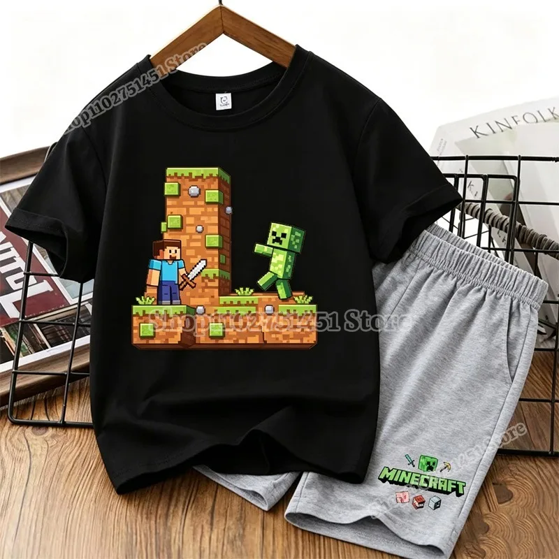 

Miner Crafts Short T-shirt Set 2pcs Children's Clothing Cotton Tops A-L Alphabet Boys Girls Clothes Tee Casual Sport Kid Shorts