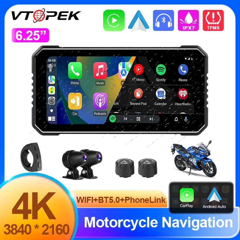 6.25 inch 4K Len Motorcycle DVR GPS Navigation Wireless CarPlay Android Auto Display Screen Portable Moto Monitor Waterproof