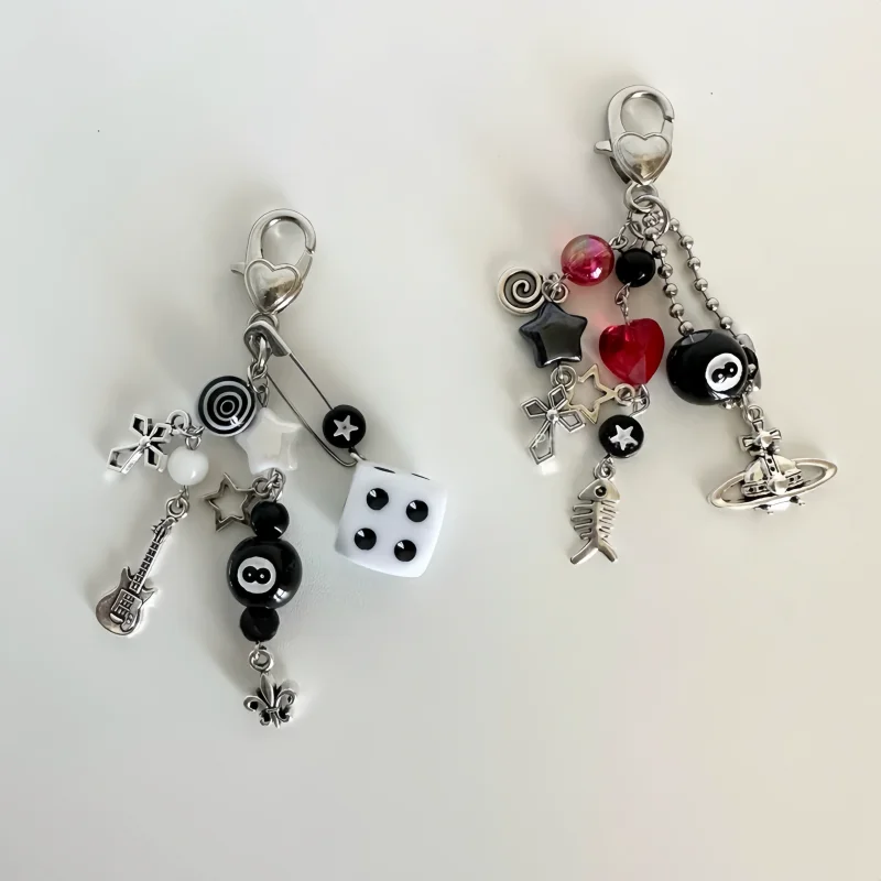 cluttered rockstaredgy black and white 8 ball dice keychains | grunge,  beaded jewelry, bag pendant, emo, y2k, mall goth, punk