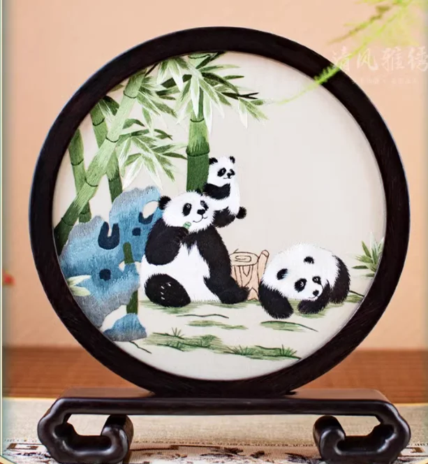 

Handmade Double-side Embroidery Panda Decorations Home Decor Table Ornaments Chinese Silk Crafts Desk Accessories Gifts with box