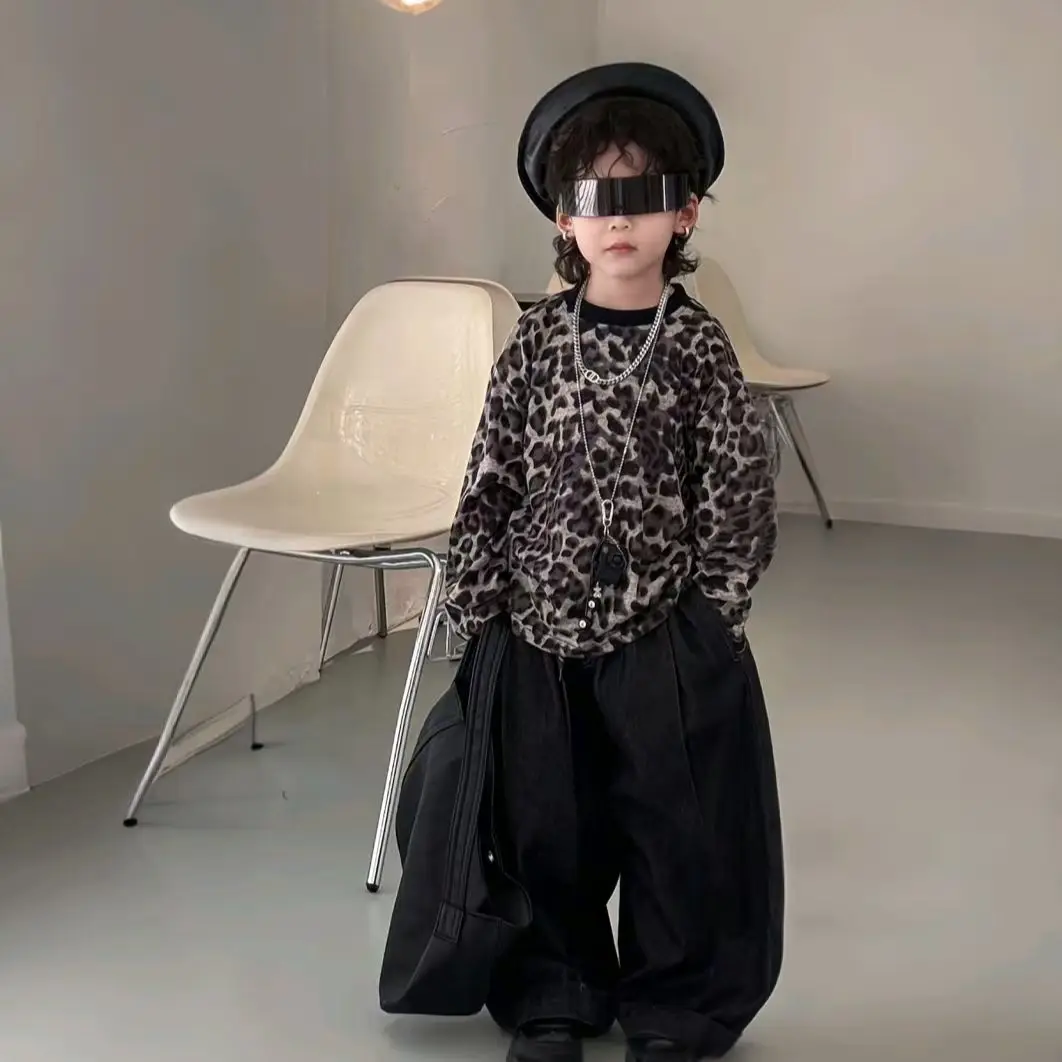3 PCS set Autumn Boys set Leather vest+Leopard print T-shirt+Loose Pants Kid Children Baby toddler Handsome Streetwear Clothes