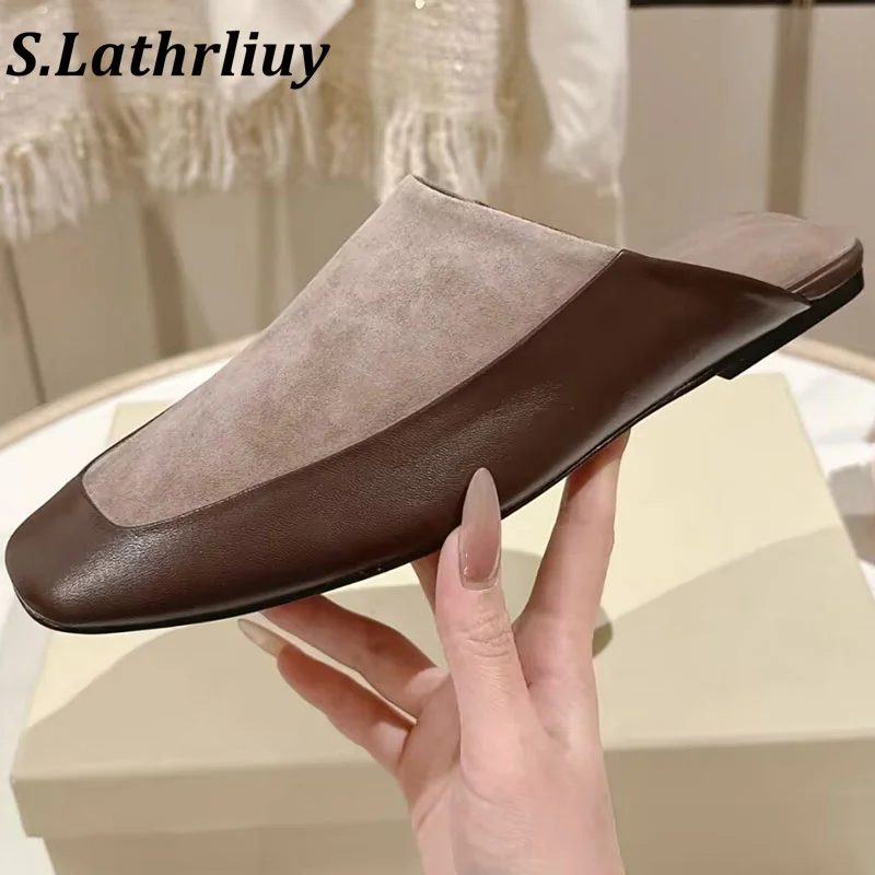 2026 Summer Women's Slippers Leather Splicing Design Flat Flat Slippers Mule Casual Simple Beach Travel Comfortable Sandals