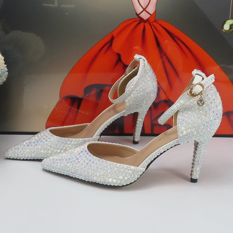 Bride Wedding shoes and Bag White AB Bling Crystal Sandals Woman Thin Heel Ankle Strap Party Shoes Matching Bag Pointed Toe Pump