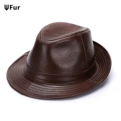 2026 Autumn Winter Warm New Cowboy  100% Real Cowhide Leather Hats Men Real Genuine Cowhide Leather Top Hats Men Fashion Caps