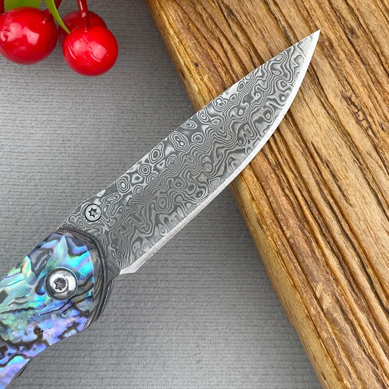 Pisau Lipat Baja Damaskus untuk Berkemah di Luar Ruangan, Tajam, Portabel, Pisau Saku untuk Berkemah