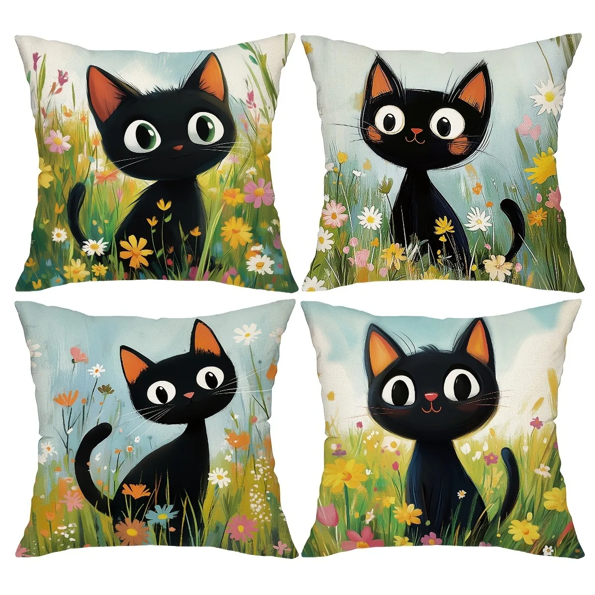 Cute Black Cat - Floral Pillow CoversLiving room sofa cushion cover, soft and comfortable, bedroom room decoration