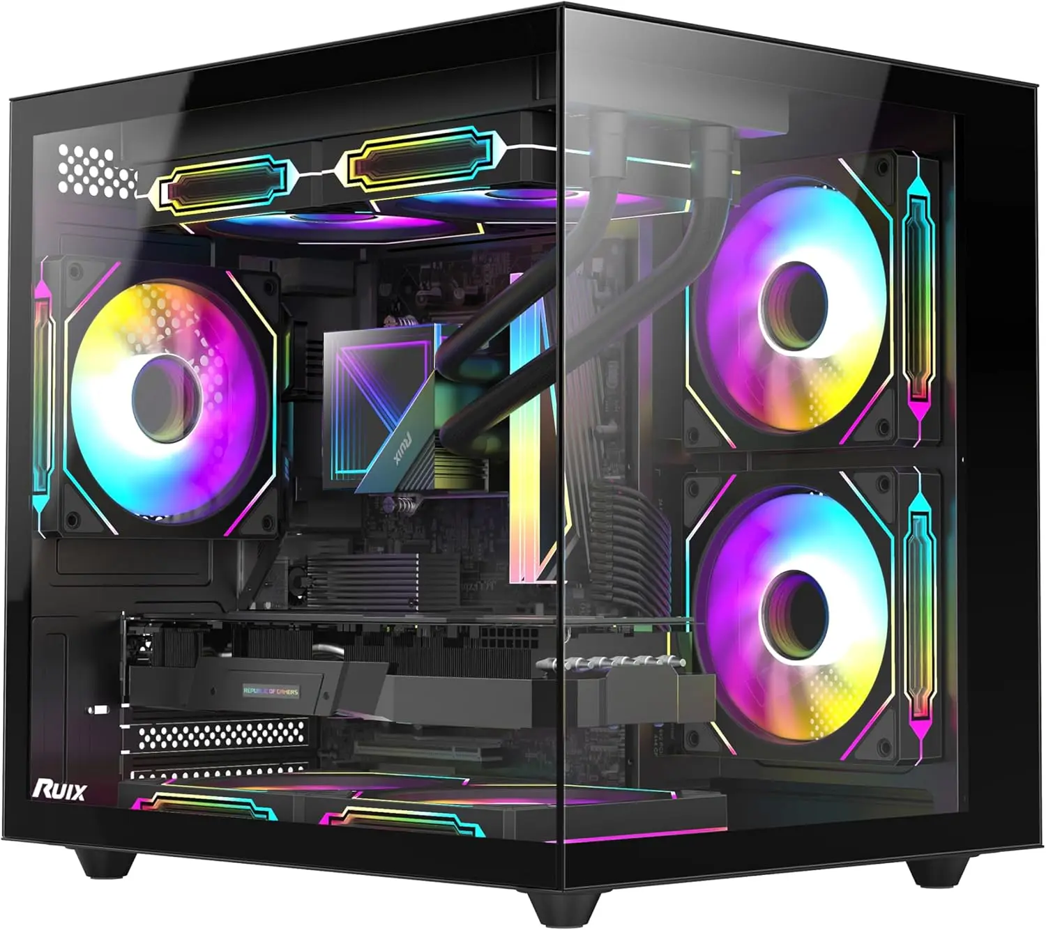 

Компактный корпус для игрового ПК формата M-ATX с 3 ARGB-вентиляторами, панелью из закаленного стекла и высокой воздухопроницаемостью - черный