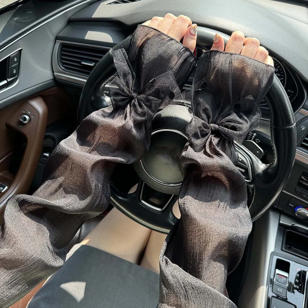 

2pcs/set Sun Protection Bow Gauze Sleeves Thin Fingerless Breathable Long Arm Sleeves Polyester Sweet Yarn Arm Sunscreen Covers