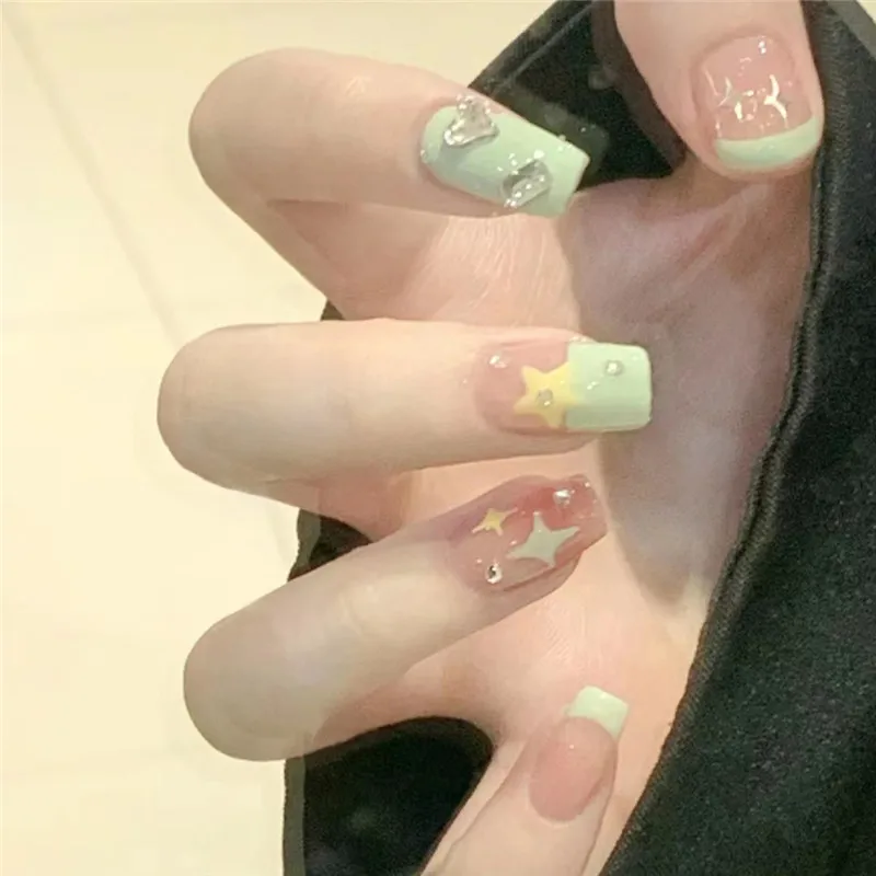 Summer Short Simple Nail Patch Cream Yellow Star Mint Green Wearing Nail Patch Women Student Fresh Nail Patch