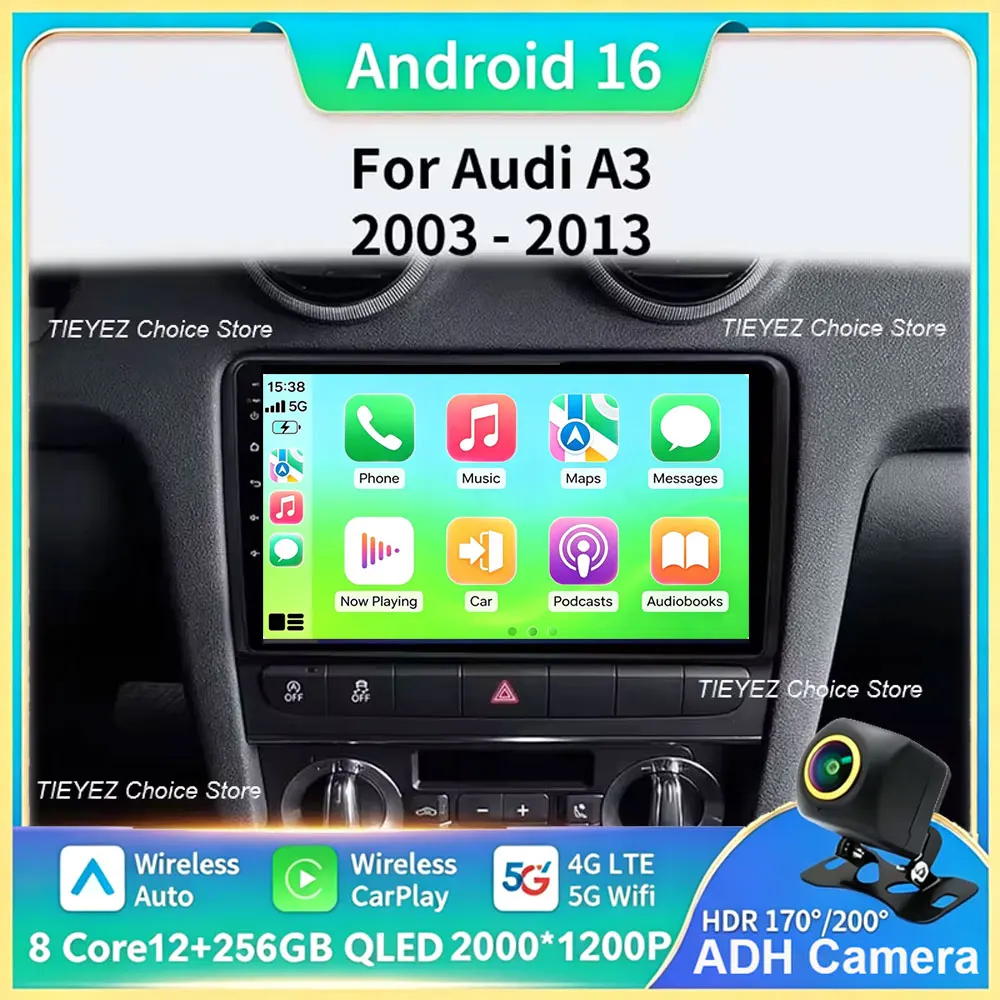 Android 16 Autoradio für Audi A3 8P 2003-2013 2+32GB WiFi SWC GPS Kabelloses CarPlay Auto-Stereo-Multimedia-Player 2Din Autoradio