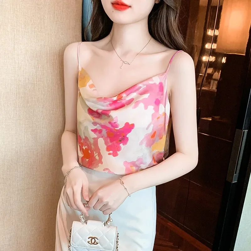 

Satin Women's Vests Vintage Tees New Prints Camis Loose Women Tanks Summer Tops Sleeveless Clothing 2024 Korean