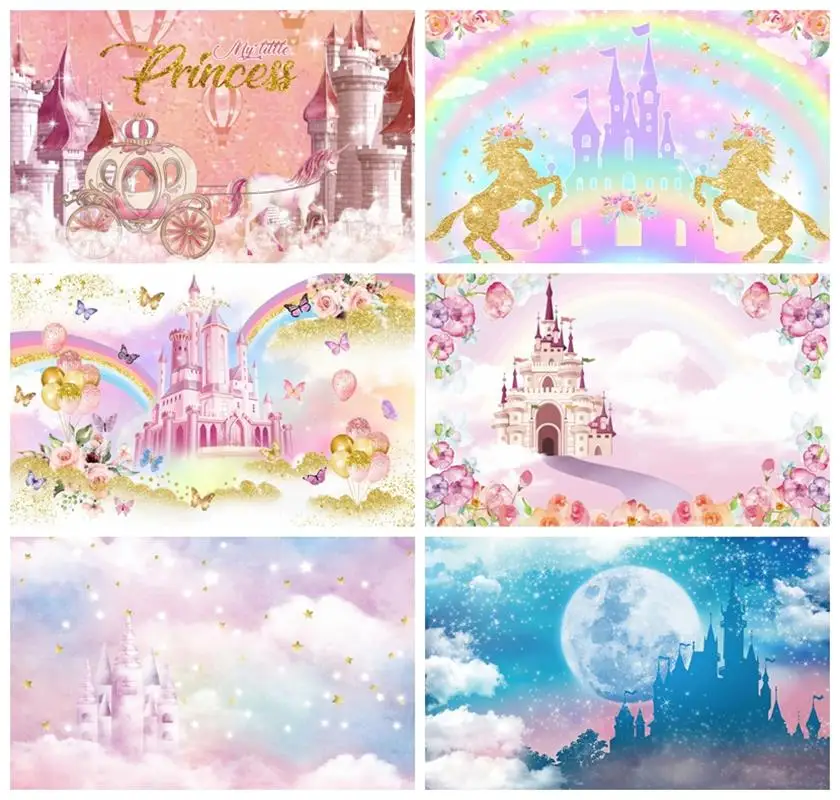 

Laeacco Cartoon Castle Backdrop Clorful Pink Clouds Pastel Sky Rainbow Girl Baby Shower Birthday Portrait Photography Background