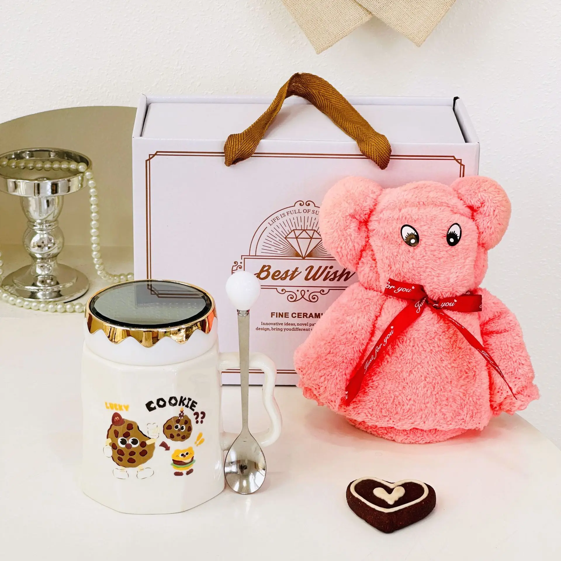 Cute Baking Mirror Cup With Lid Female Ceramic Birthday Gift Home Makeup Handheld Set