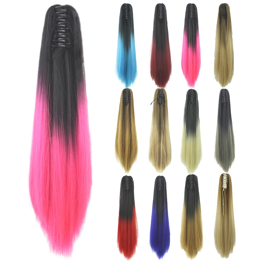 Extensión de cabello sintético, postizo largo y liso, color rosa, Ombre, cola de caballo, cola de caballo, piezas de cabello falso, peluca con Clip