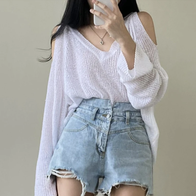Spring Summer New Knitting Pullovers Women V-neck Fashion Long Sleeve Solid Color Tops Off Shoulder Hollow Out Female Clothing