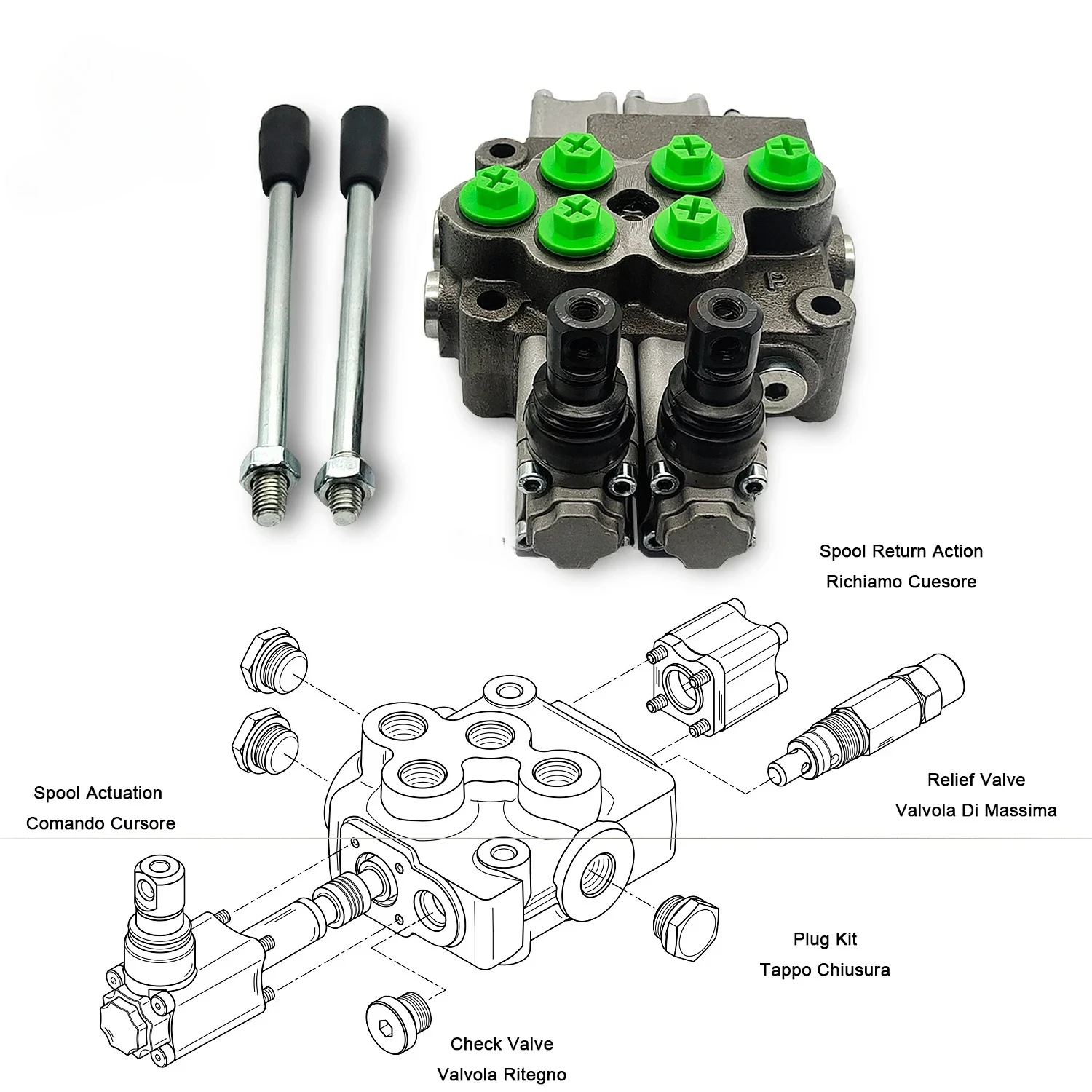 M45 Series 45L/min 2-Bank Double Acting 3/8' BSP Manual Hand Monoblock Control Valve