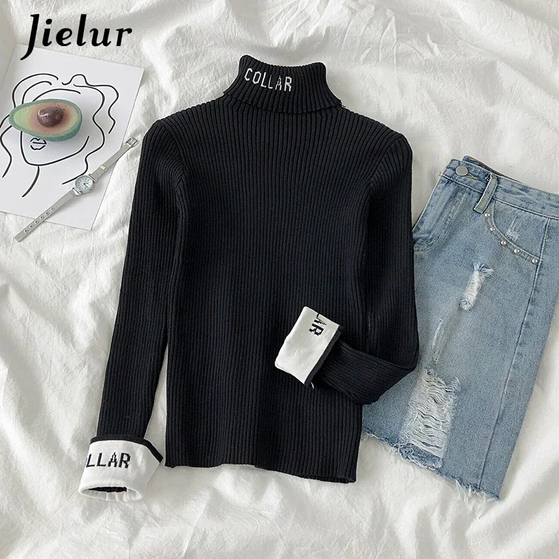 Jielur Fashion Thick Turtleneck Sweater Women Winter Basic Knitwear Lapel Slim Knitted Sweaters Black Letter Embroidery Pullover