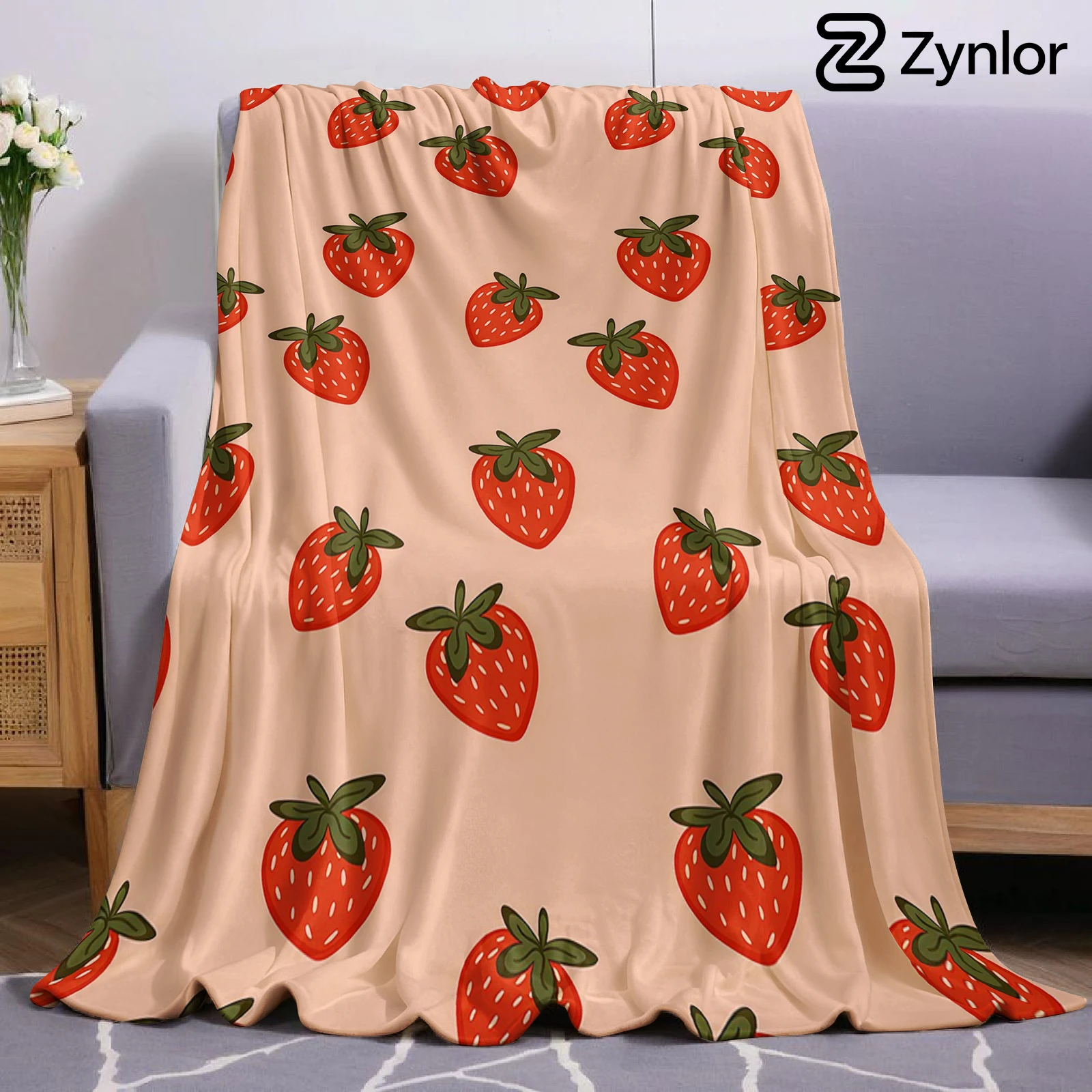 Peach Strawberry Cartoon Anime Print Flannel Blanket Soft Warm Throw for Kids Bedroom Sofa Bed Christmas Office Car