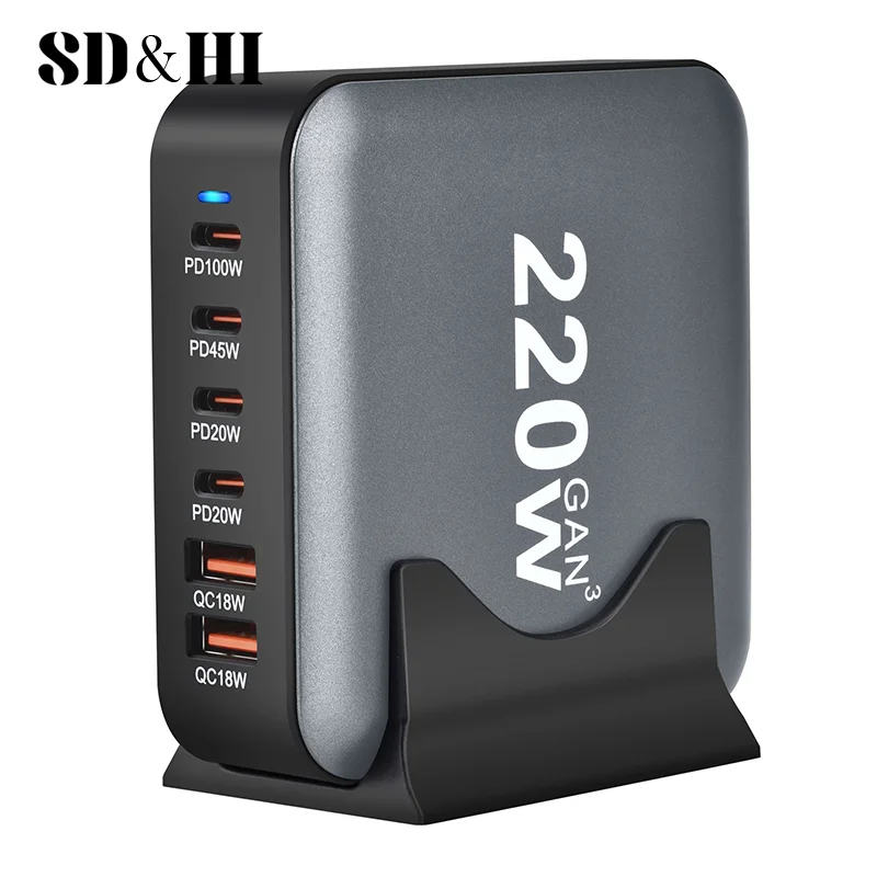 

220W GaN USB-C Desktop Charger 6-port PD Fast Charging Power Station Adapter For IPhone Laptop For Ipad Tablet Bussiness Trip