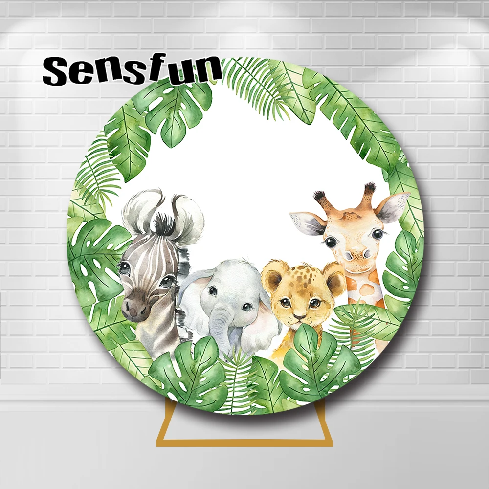 Jungle Wildlife Animal Baby Shower Photo Background Birthday Party Decorations Round Photography Backdrops Covers Elastic