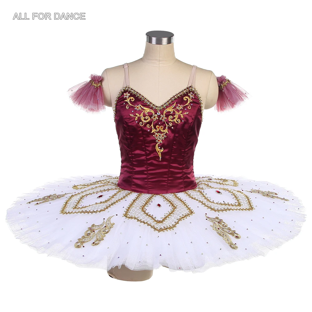 B23011 Burgundy Bodice with Gold Appliques Trims Pancake Tutu Girls & Women Professional Ballet Performance or Competition Tutu