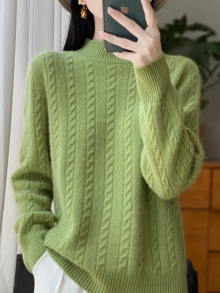 

TLOML Новый женский пуловер с воротником-стойкой, свитер на осень-зиму, трикотаж из 100% мериносовой шерсти, базовый мягкий теплый низ, удобные топы с тросовой вязкой