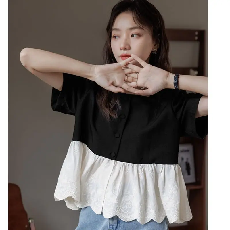 Women Solid Shirt Sweet Chic Puff Short Sleeve Female Blouse Korean Summer New Square Collar Loose All Match Spliced Crop Tops