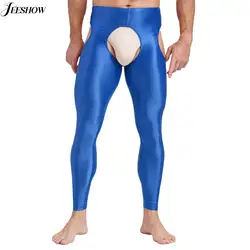 Mens Glossy High Waisted Leggings Stretchy Hollow Out Open Crotch Tight Long Pants Elastic Waistband Workout Compression Pants