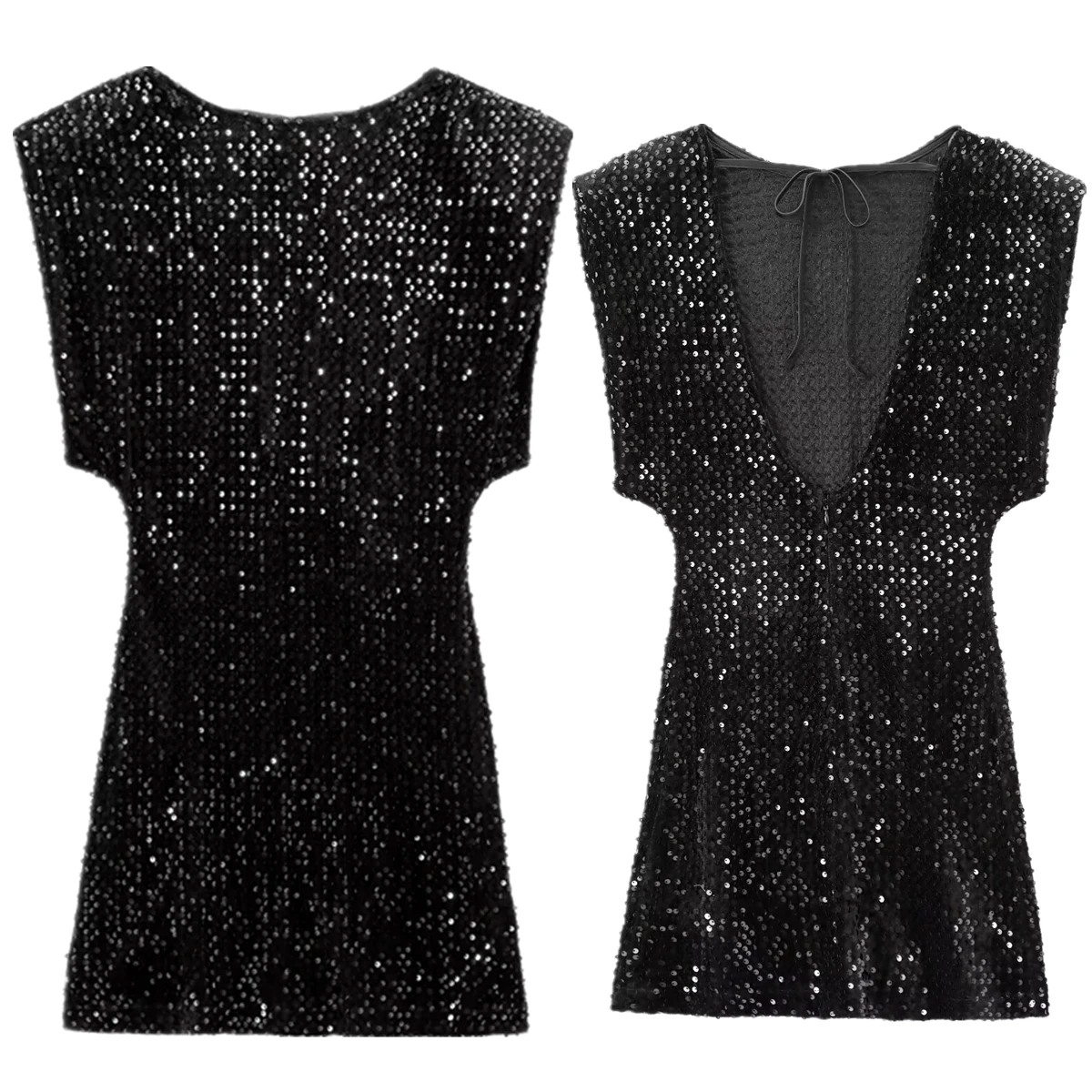 

Withered Minimalist Black Sequin Dress French Fashion Ladies Elegant Backless Party Dress Mini Dress Women