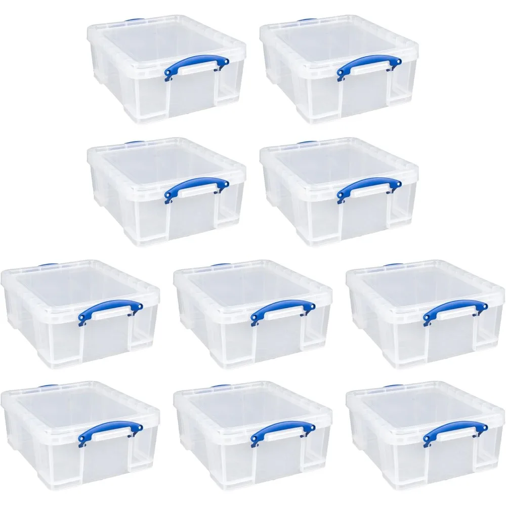 Plastic Stackable Storage Container w/Snap Lid & Built-In Clip Lock Handles for Home or Office Organization, 10 Pack, Clear