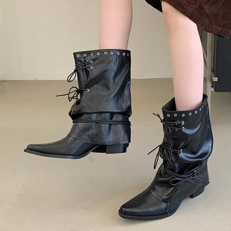 Liyke Winter Street Fashion Rivet Eyelet Lace Up Mid‑Calf Women's Shoes Cosy Soft Scrunched Pleated Leather Boots Block Heels