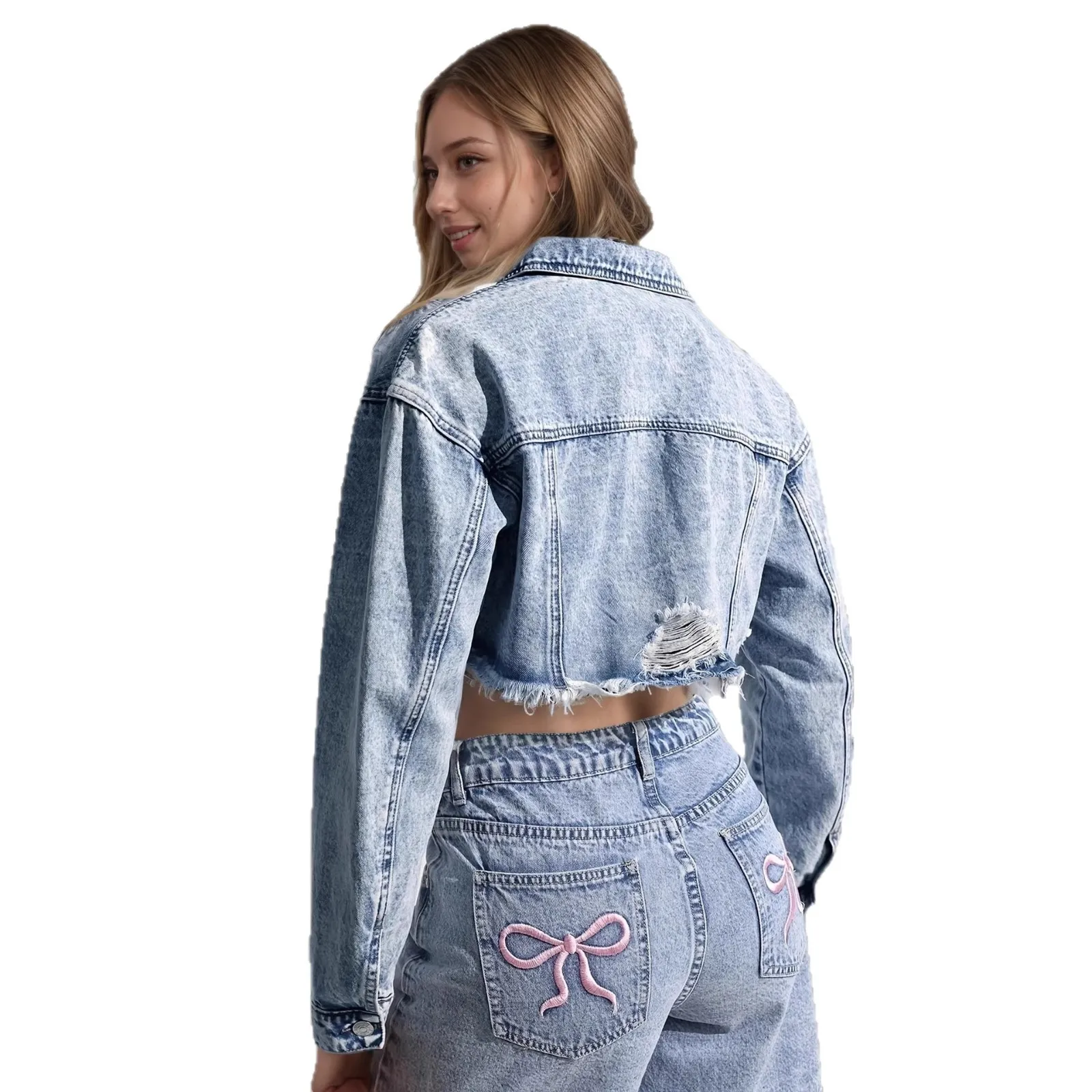 Women's Casual Loose Fit Crop Denim Jacket with Lapel Collar Long Sleeve for Women Light Wash Distressed Detail Button Front