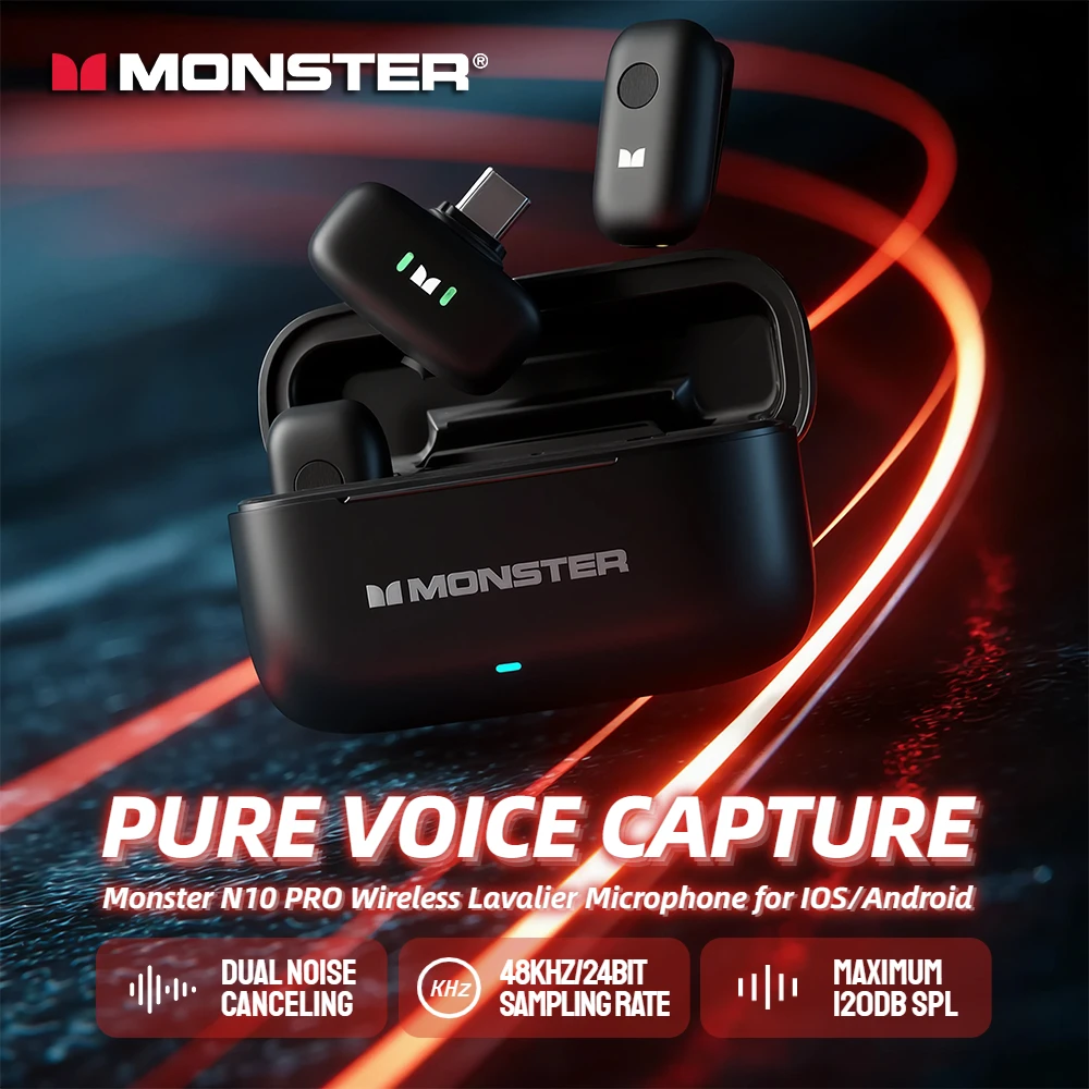 

Monster SoundBase N10 Pro Wireless Lavalier Microphones, ANC+ENC Noise Cancelling Lapel Mic for iPhone Android Phone Live Stream