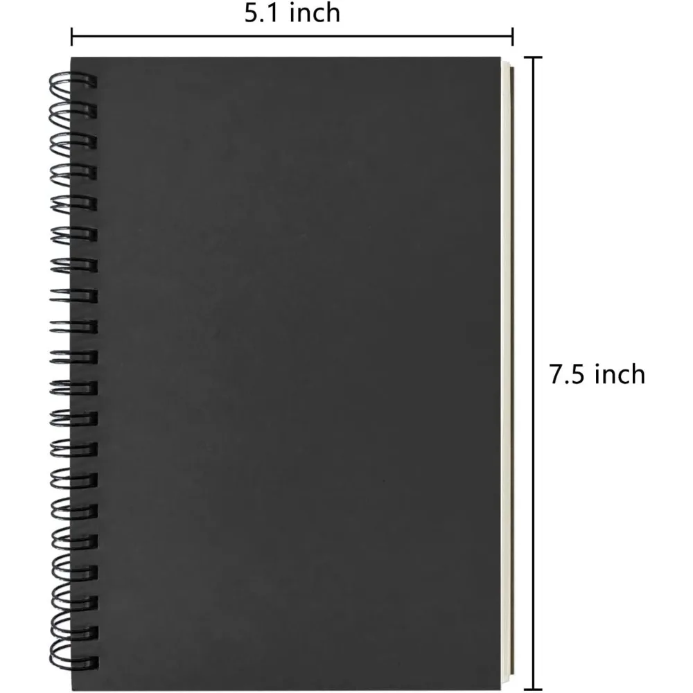عبوة واحدة من دفتر الملاحظات الحلزوني الأسود الفارغ، غلاف ناعم، كتاب رسم، 100 صفحة / 50 ورقة، 7.5 بوصة × 5.1 بوصة، ورق سميك يمنع الحبر #2