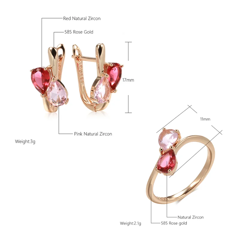 Wbmqda Fashion Red With Pink Natural Zircon Drop Earrings Ring For Women 585 Rose Gold Color Romantic Wedding Fine Jewelry Sets