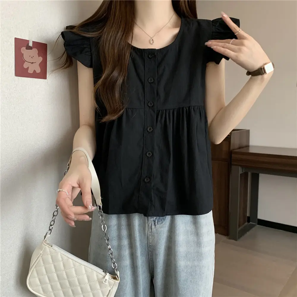 Solid Color Women\'s Summer Square Neck Buckle Sweet Ruffle Edge Loose Age Reducing Doll Shirt Flying Sleeves Fashionable Shirt