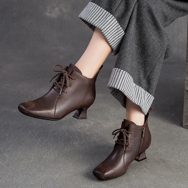 

GKTINOO Fashion Women Genuine Leather High Heels Autumn Winter Ankle Boots Square Toe Zipper Elegant Short Boots Women's Shoes