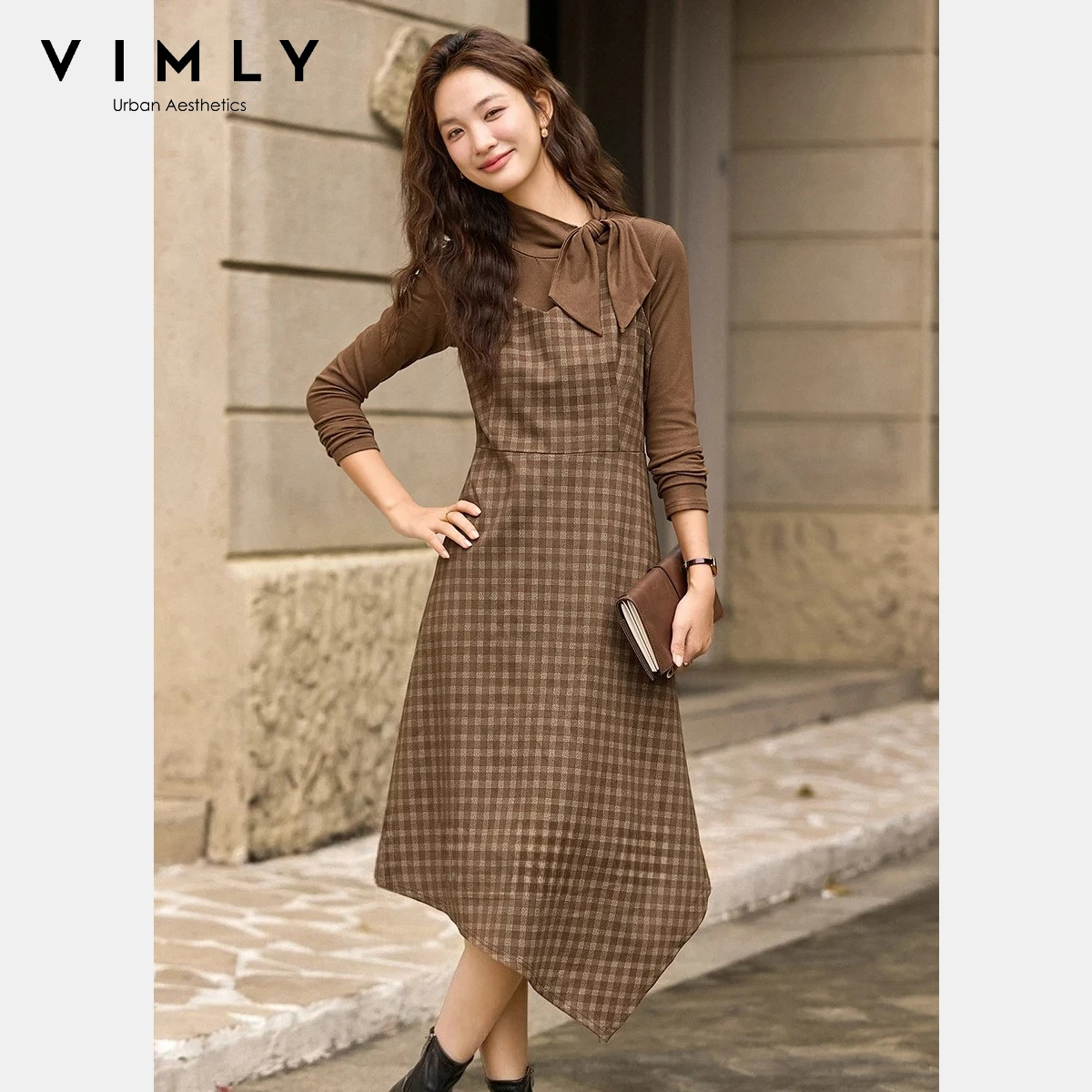 VINLY Eleganckie damskie komplety sukienkowo-garniturowe 2025 Zima Bluzki bazowe z kokardą Asymetryczny dół Sukienka na szelkach w kratę Damski zestaw dwuczęściowy 30519