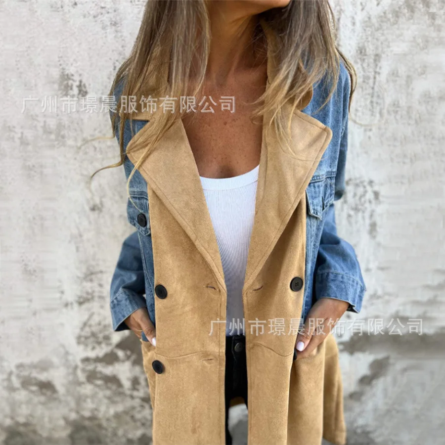 2025 Women Spliced ​​lapel Long Coat Autumn And Winter Long Sleeve New Style Chaqueta De Mezclilla Mujer Куртки Женские Стильные