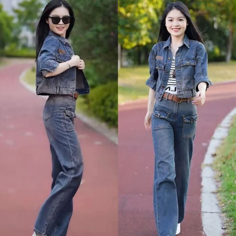 

Faionable Blue Wide Leg Pants And Denim Top Women's Casual Retro Two Piece Set Spring 2026 Trendy Anti Aging Clothing
