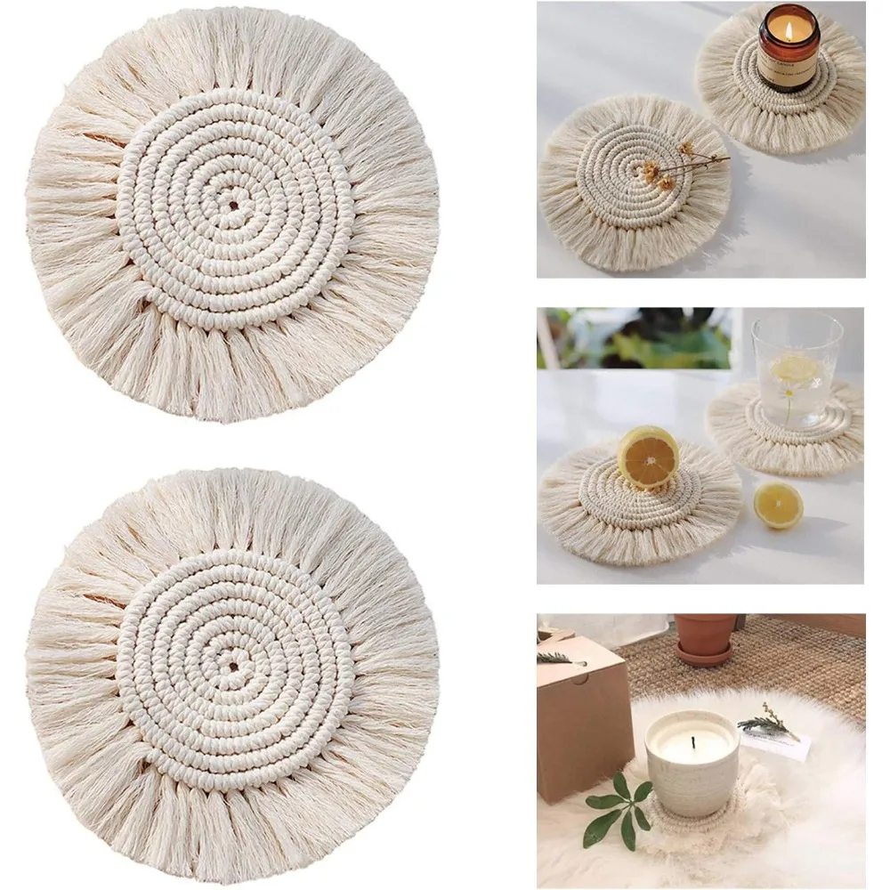

Handmade Coasters Set Of 2, Round Cotton Woven Absorbent Coasters, Heat Resistant Wooden Coffee Table Mats For Home