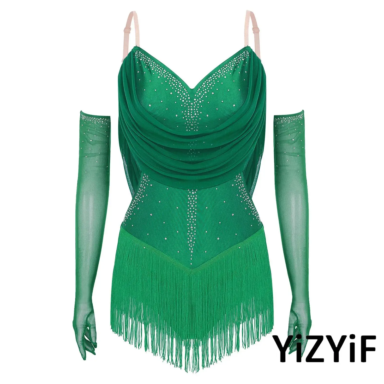 

Women Dynamic Latin Dance Leotard Cascading Mesh Tassels And Crystal Embellishments Bodysuit with Gloves Chacha Salsa Dancewear