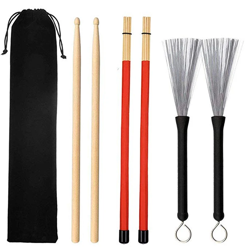 6 pieces Universal Jazz Drumsticks Set Include 5A Maple Drumsticks Bamboo Steel Wire Brushes Sticks and Velvet Bag Retractable